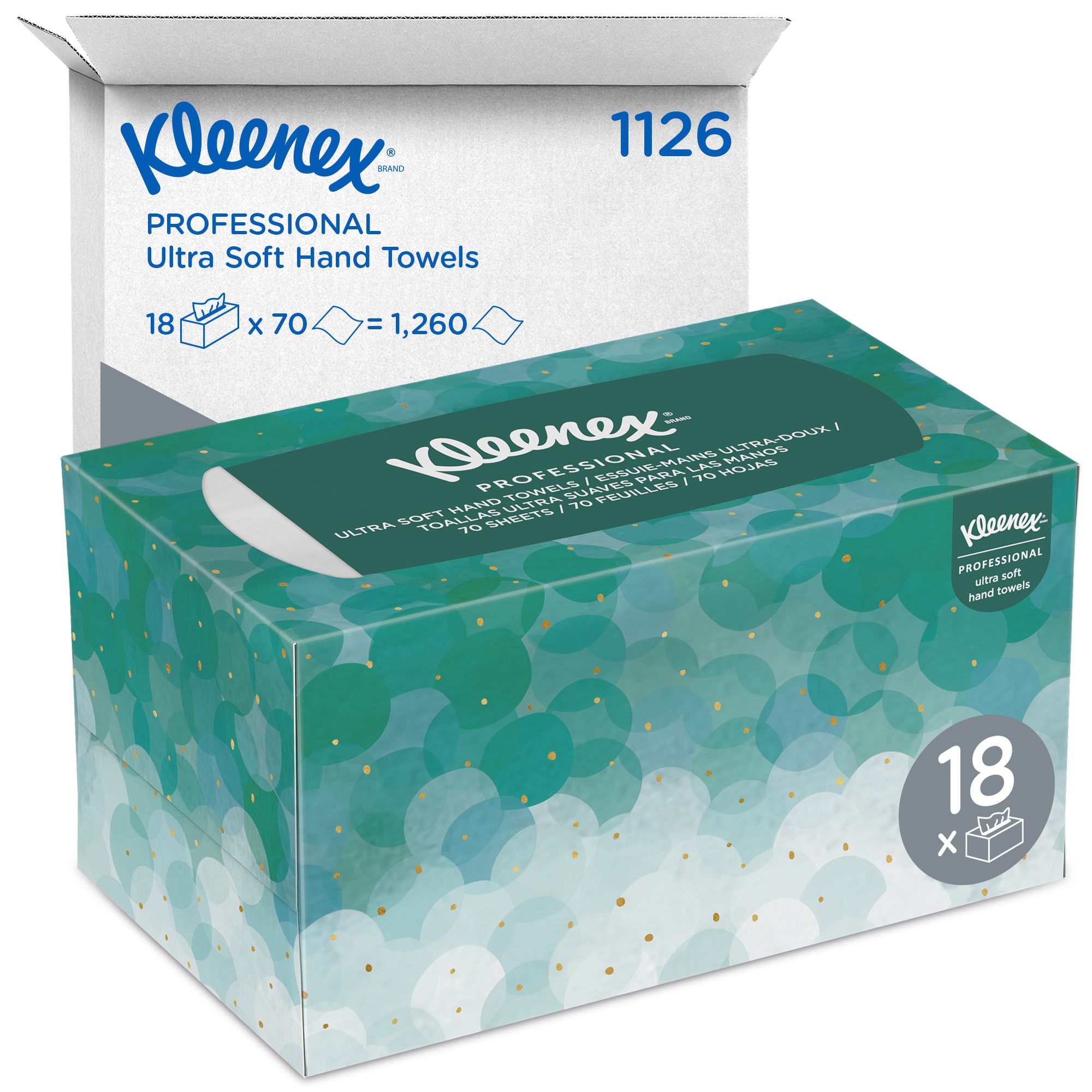 1126 Листовые бумажные полотенца Kleenex Ultra Soft белые однослойные, 18 пачек по 70 листов