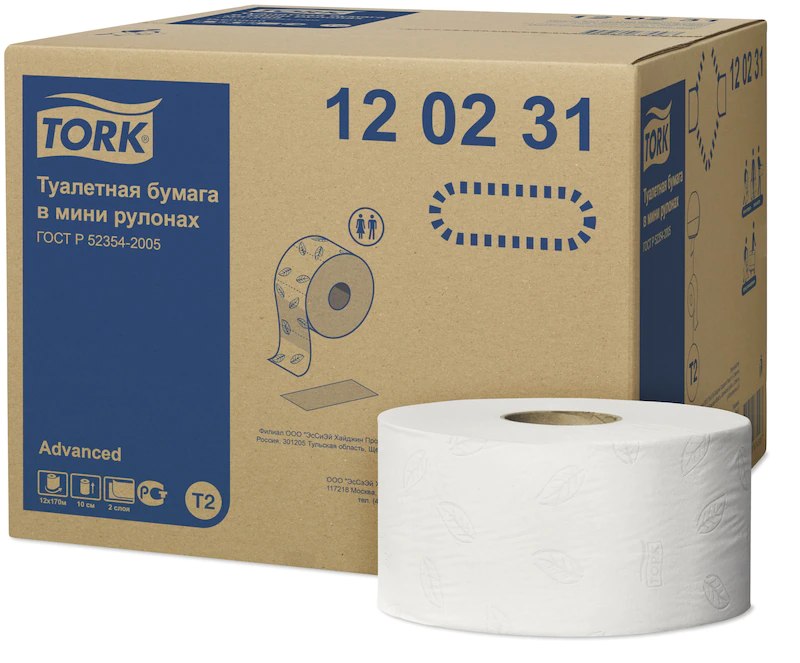 120231 туалетная бумага tork mini jumbo в больших рулонах двухслойная, 12 рулонов по 170 метров
