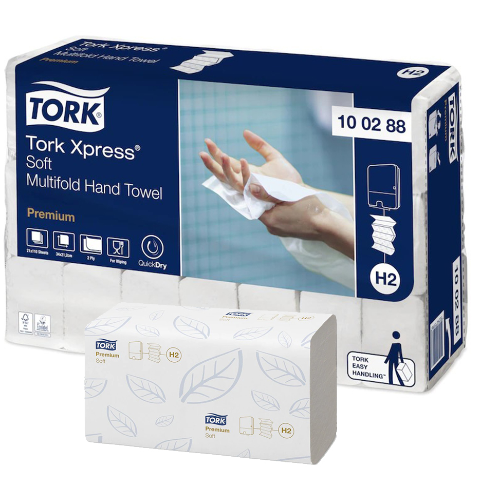 100288 Листовые бумажные полотенца Tork Xpress белые двухслойные Multifold сложения, 21 пачка по 110 листов