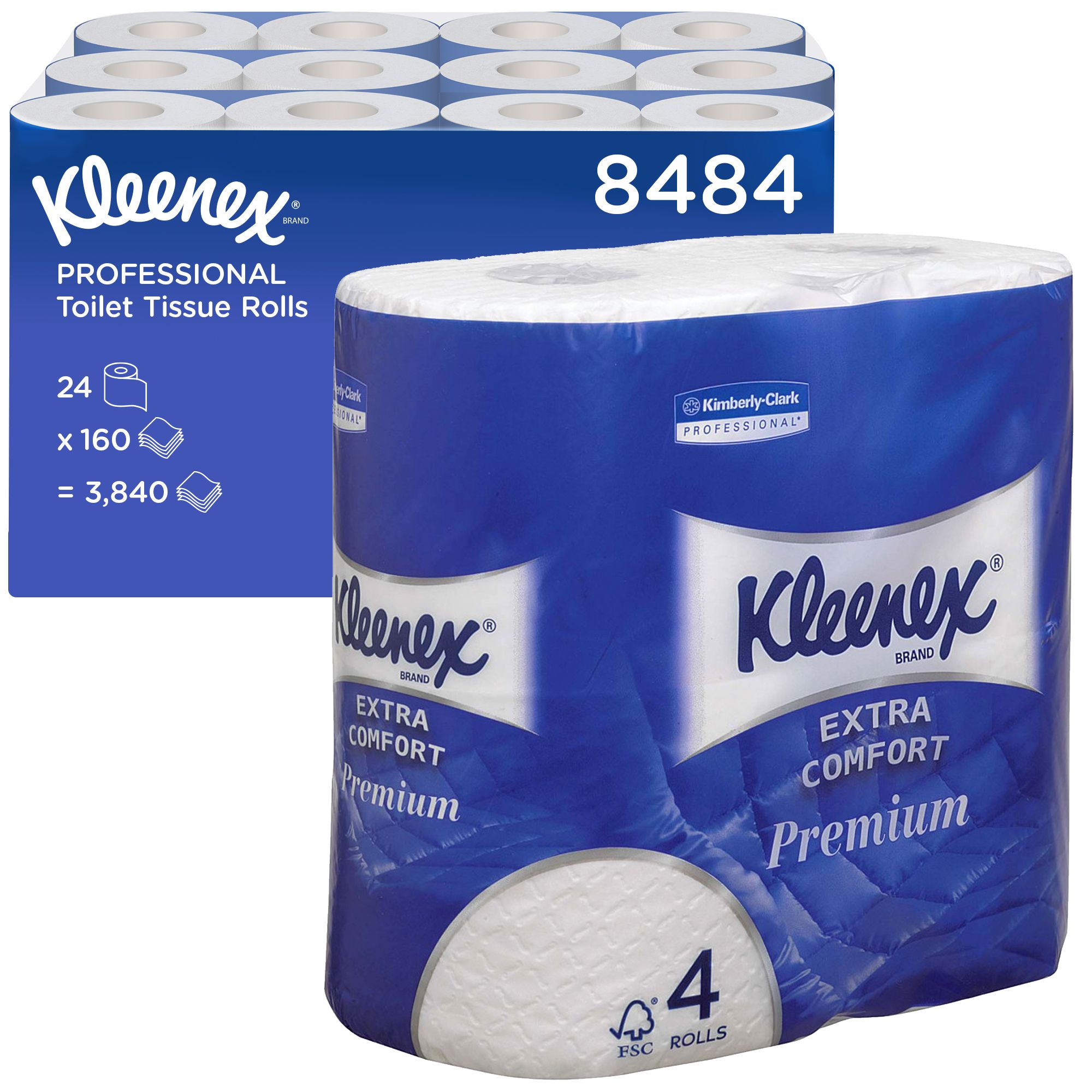 8484 Туалетная бумага Kleenex Premium Extra Comfort в стандартных рулонах четырехслойная, 24 рулона по 19,2 метра