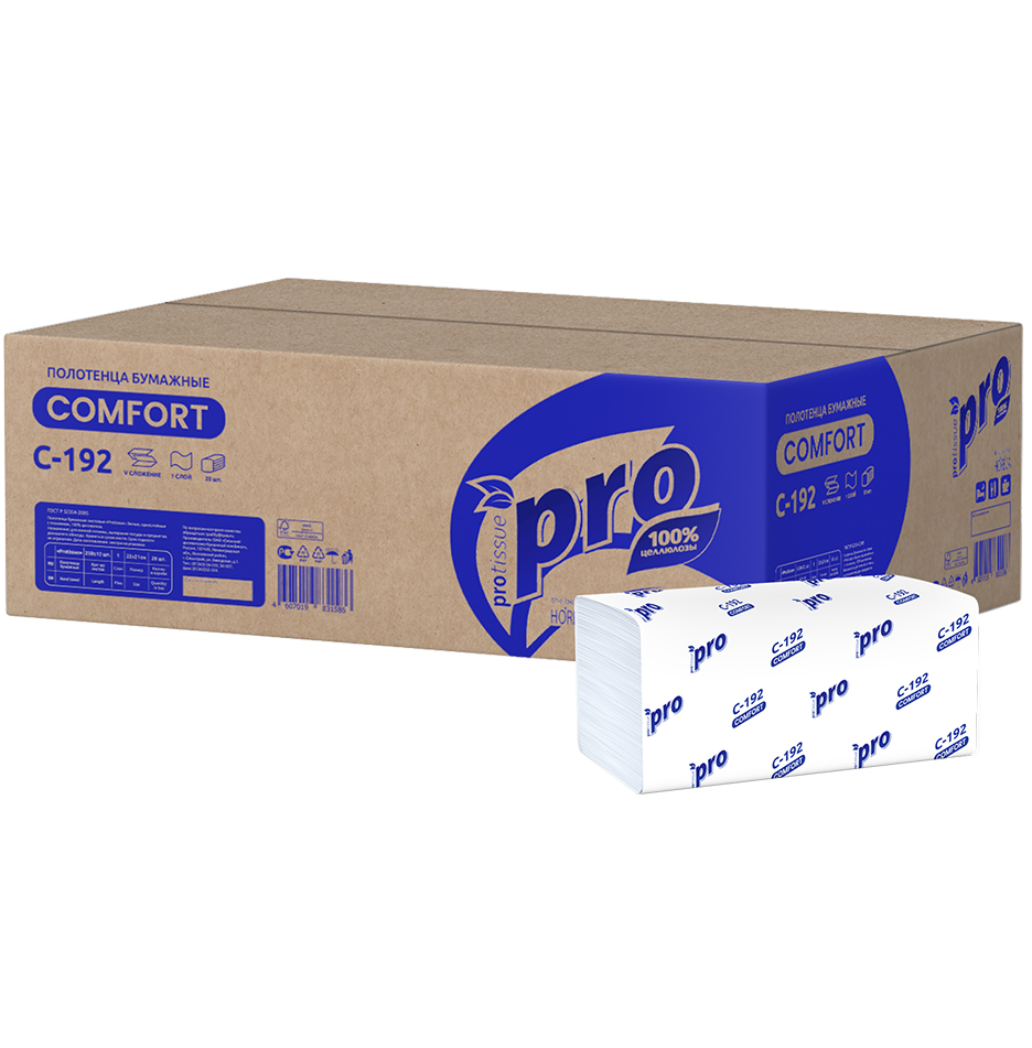 C192 Листовые бумажные полотенца PROtissue Comfort белые двухслойные V-сложения, 20 пачек по 250 листов