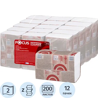 508.3775 Листовые бумажные полотенца Focus, 2 слоя, Z сложение - 12 пачек по 200 листов