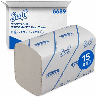 6689 Листовые бумажные полотенца Scott Performance белые однослойные С / V сложения, 15 пачек по 274 листа