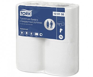120158 Туалетная бумага Tork в стандартных рулонах двухслойная, 4 рулона по 23 метра