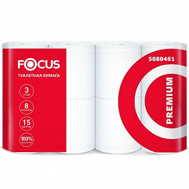 5080461 Туалетная бумага Focus Premium в стандартных рулонах трехслойная, 64 рулона по 15 метров