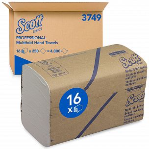 3749 Листовые бумажные полотенца Scott Multi-Fold белые однослойные M / W сложения, 16 пачек по 250 листов