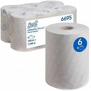6695 Бумажные полотенца Scott Essential Slimroll белые однослойные, 6 рулонов по 190 метров