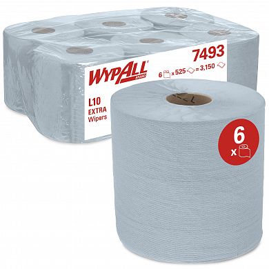 7493 Протирочный материал WypAll L10 Extra синий однослойный с центральной подачей, 6 рулонов по 525 листов