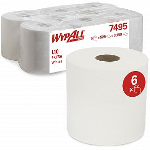 7495 Протирочный материал WypAll L10 Extra белый однослойный, 6 рулонов по 525 листов