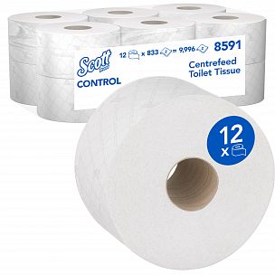 8591 Туалетная бумага Scott Control в больших рулонах с центральной подачей двухслойная, 12 рулонов по 204 метра
