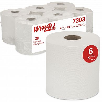 7303 Протирочный материал WypAll L20 белый двухслойный с центральной подачей, 6 рулонов по 300 салфеток