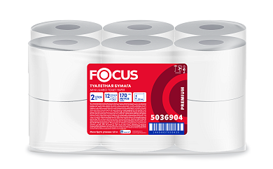5036904 Туалетная бумага Focus Mini Jumbo в средних рулонах двухслойная, 12 рулонов по 168 метров