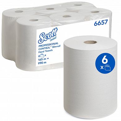 6657 Бумажные полотенца Scott Slimroll белые однослойные, 6 рулонов по 165 метров